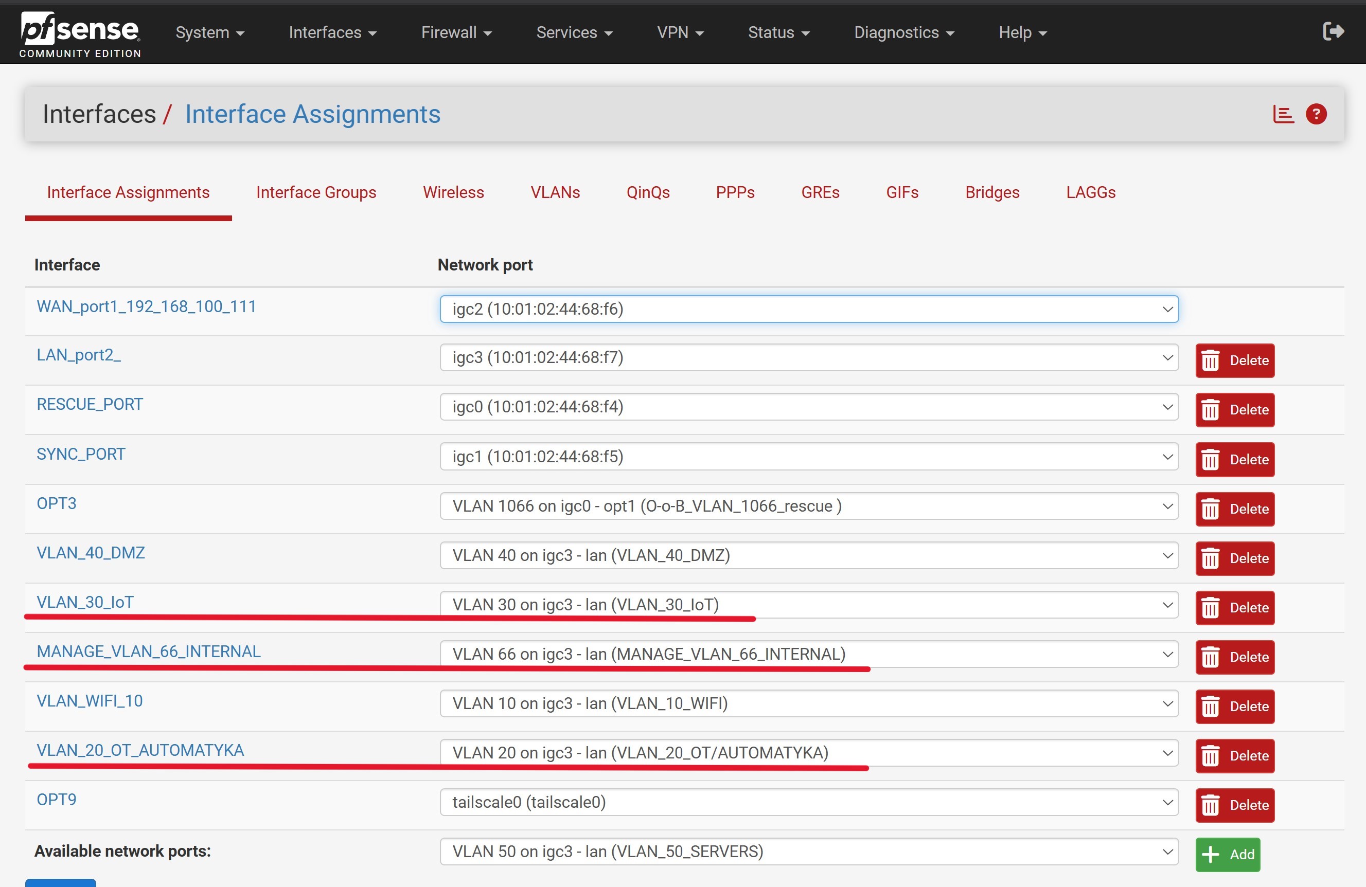 Przypisanie interfejsów pfSense