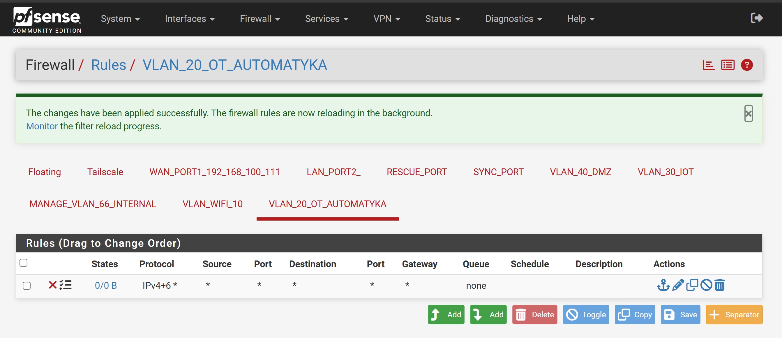 Reguły firewall VLAN 20 OT